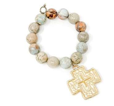PowerBeads by jen Aqua Terra Jasper with Large Matte Gold Cross