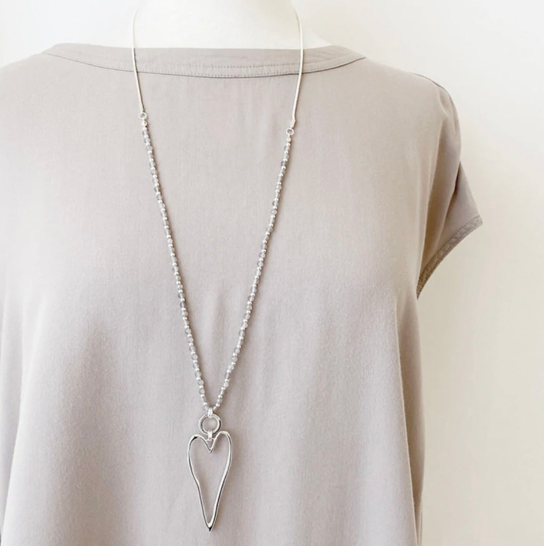 Silver open heart adjustable necklace with gray beads