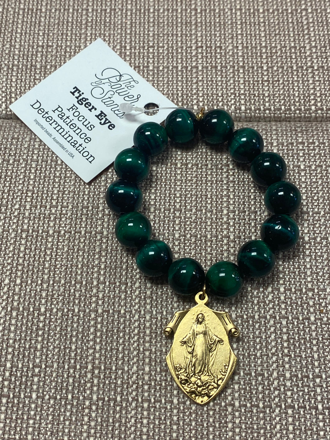 PowerBeads by jen Tiger Eye with Blessed Mother medal