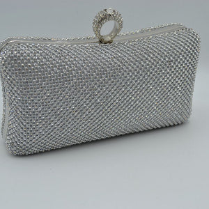 Rhinestone Studded Silver Evening Bag with Chain